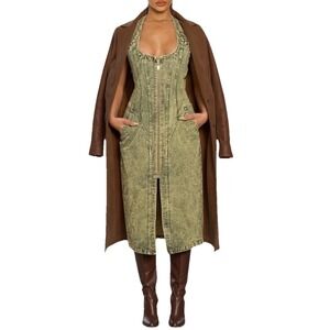 Athina Olive Green Washed Denim Corset Seam Halter Midi Dress Front Zip Sz S